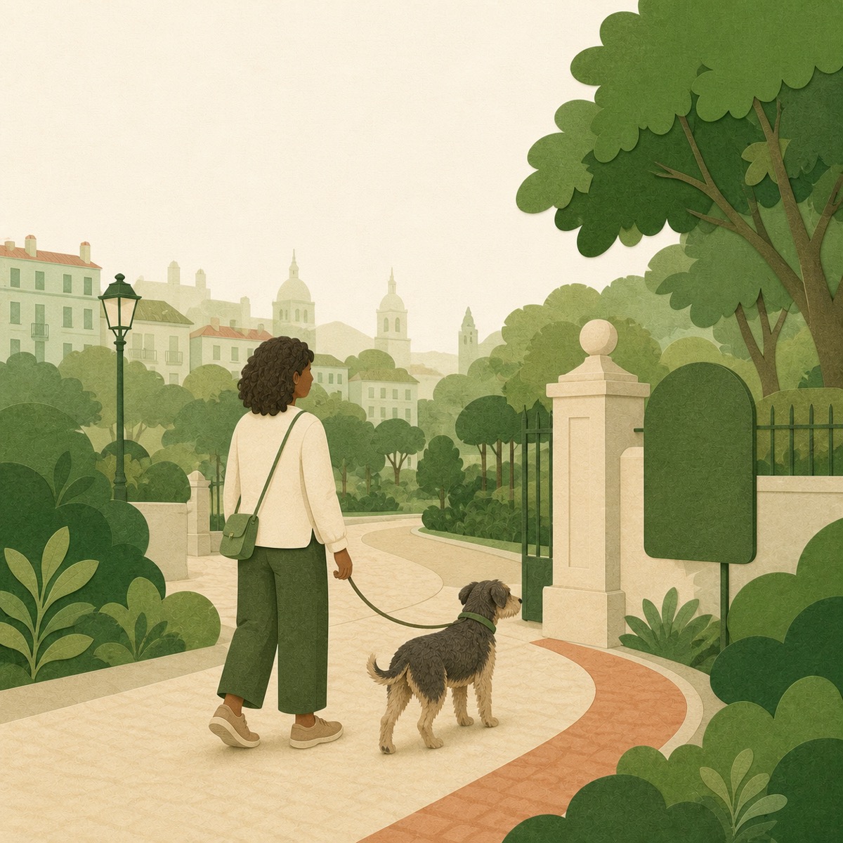 Ilustração de uma pessoa e o seu cão a viverem o dia a dia juntos na cidade